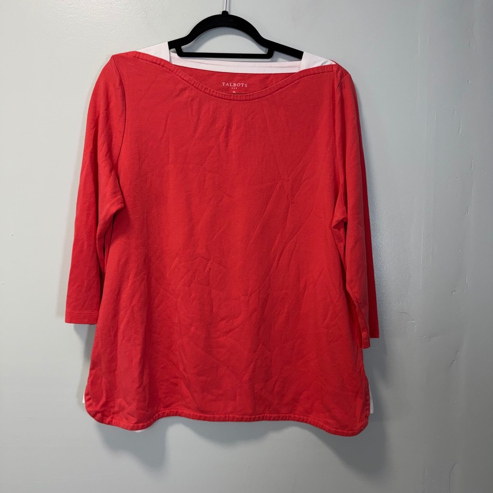 Talbots Womens XL Red Cotton Boatneck 3/4 Sleeve Layered Hem Top Casual